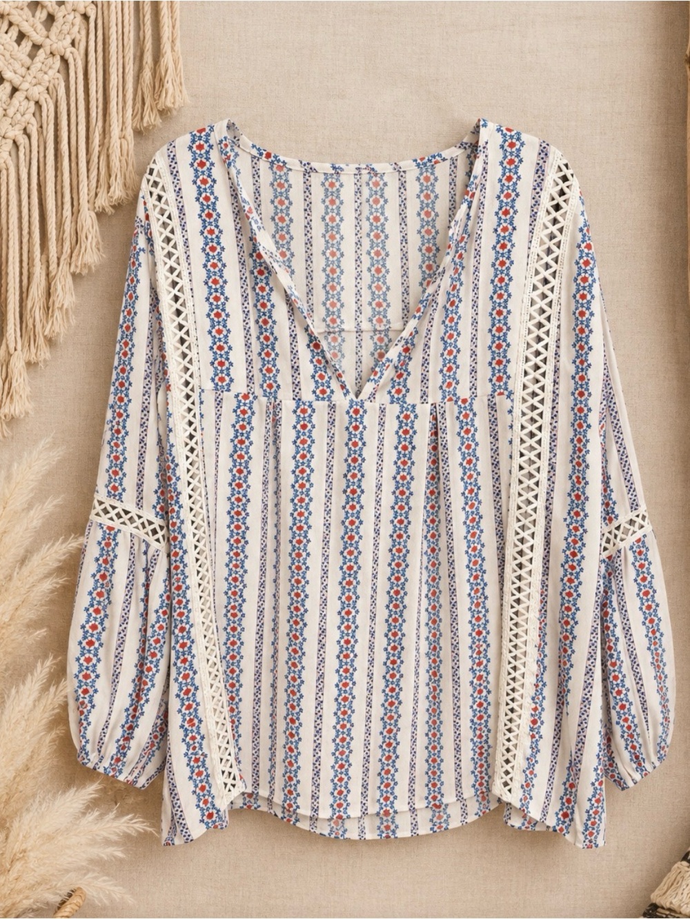 White Boho Stripe V-Neck Peasant Top - Blue & Red